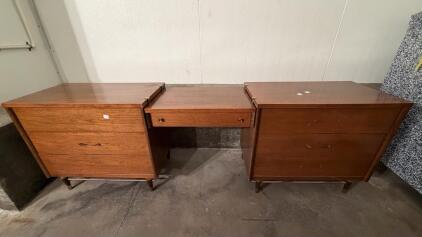 Mid-Century Modern Vanity Set, Modular Dresser Chests, Walnut Veneer, 7 Drawers, Brass Hardware