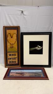 Set of 3 Framed Wall Art Pieces &ndash; Folk Rooster Sign, Hand Photo, Panoramic Landscape