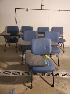 7 Stackable Mobile Classroom Chairs with Right Tablet Arm, Blue Fabric, Black Frame