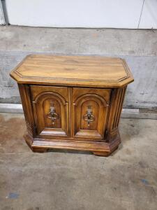 Vintage Wooden Cabinet with Lion Head Pulls, Octagonal Top, Double Doors, Brown Finish 30" x 16" x 22"