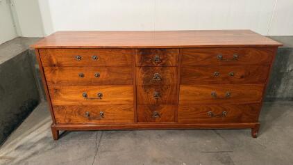 Mid-Century Modern 12-Drawer Walnut Dresser, Brass Handles, 72"x20"x34"