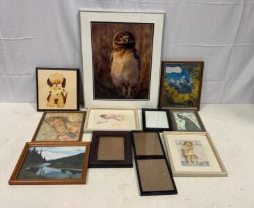 Assorted Framed Art & Photo Print Lot: Owl, Maud Fangel, Vintage, 10 Frames, 20"x24" Largest