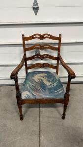 Vintage Ladder Back Armchair, Solid Wood Frame, Blue Abstract Upholstered Seat, Turned Legs