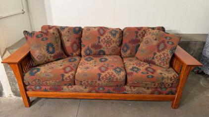 Mission Style Oak Sofa &ndash; 3 Seat, Geometric Pattern Upholstery, Slatted Arms, Removable Cushions