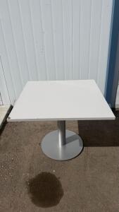 Square 30"x30" Pedestal Cafe Table, White Laminate Top, Silver Metal Base, Seats 2-4