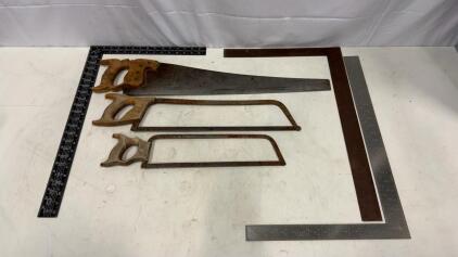 Set of Vintage Hand Saws: 26" Traditional Hand Saw & Two 20" Bow Saws, Wood Handles