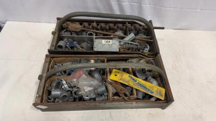 Large Lot Electrical Conduit Fittings, Hardware, 2 Metal Trays, Masonry Drill, Connectors,