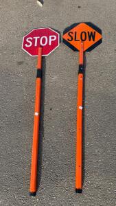 Handheld 18" MUTCD STOP/SLOW Reflective Paddle Signs with 6 Ft Orange Handles, Set of 2