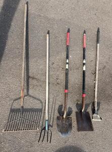 Lot of 5 Yard Tools - Razorback Shovel, Cultivator, Fork, Hoe, Square Shovel, Wooden Handles