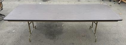 8-Foot Folding Banquet Table, Rectangular, Laminate Top, Metal Legs, Brown Woodgrain Finish