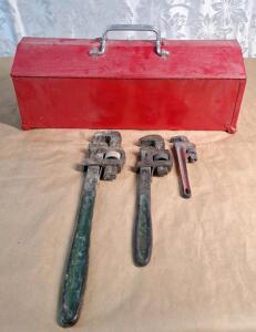 (3) Pipe Wrenches, (1) 18", (1) 14" & (1) 6" & (1) Metal Toolbox