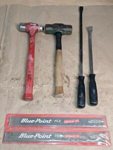 (1) Deadbolt Blow Ball Peen Hammer, (1) Hand Sledge, (2) Snap On Prybars & (2) Blue Point Body Files