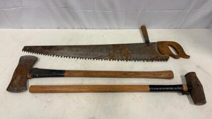 Vintage Logging Tool Set: 42" One-Man Crosscut Saw, Double Bit Axe, 8 lb Sledgehammer, Wood Handles