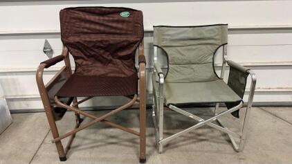 EeziRV Folding Director Chairs, Brown with Table/Cupholder & Tan/Gray, Aluminum Frame, 300lb Cap