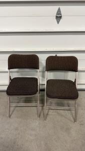 Pair of Metal Folding Chairs, Upholstered, Brown Padded Seat & Back, Steel Frame