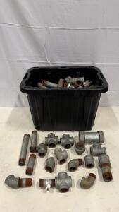 Galvanized Steel Pipe Fittings Lot, 1" NPT, Elbows, Tees, Crosses, Nipples, 25+ Pieces, HDX Tote