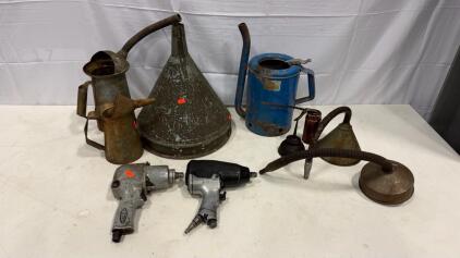 Vintage Swing-Spout Oil Can, Large Metal Funnel, ATP Pneumatic Impact Wrench, Assorted Oilers