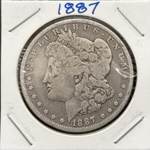 1887 Morgan Silver Dollar, Philadelphia, 90% Silver, Circulated, Cardboard Flip Holder