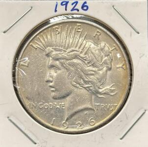 1926-S Peace Dollar Silver Coin, San Francisco Mint, 90% Silver, 38.1mm, 26.73g, Cardboard Flip Holder