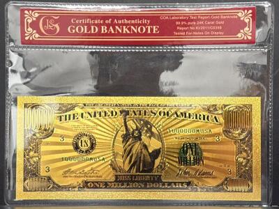 24K Gold-Plated One Million Dollar Commemorative Banknote, JS Lab, COA, Novelty Collectible