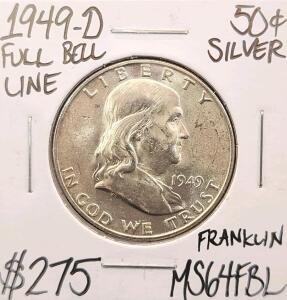 1949-D MS64FBL Full Bell Line Silver Franklin Half Dollar