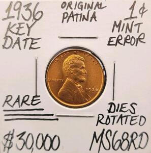 1936 MS68RD RARE Key Date Mint Error Wheat Cent