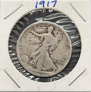 1917 Walking Liberty Half Dollar, 90% Silver, Good Condition, 30.6mm, Heavy Circulation