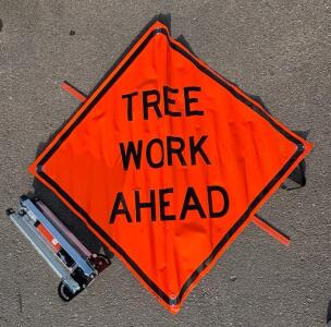 36" TREE WORK AHEAD Roll-Up Construction Sign with Stand, MUTCD Compliant, US Barricades