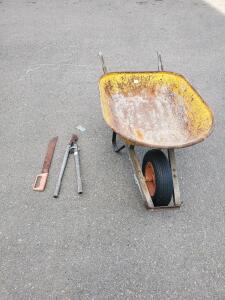 Single-Wheel Steel Wheelbarrow, Yellow, 6 cu ft, Pneumatic Tire, Wood Handles, Heavy Rust