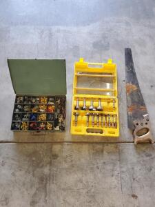 Assorted Electrical Connectors Organizer, 15-Piece Forstner Bit Set 3/8"-2", 24" Hand Saw
