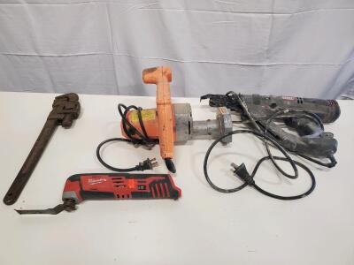 Chicago Electric 3-3/8" Flush Cut Saw, Senco Screw Gun, Milwaukee M12 Multi-Tool, Ridgid Pipe Wrench