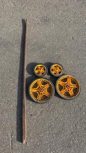 Set of 4 Yellow Utility Cart Wheels (14" & 8" Diameters) + 6ft Steel Digging Bar