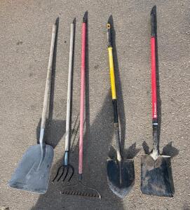 DeWalt & Corona Garden Tool Lot: 2 Shovels, 2 Rakes, 1 Fork, Mixed Handles