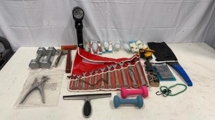 Mixed Lot: Wrench Set, 5 lb Dumbbells, Marpol Screwdriver Set, CFL Bulbs, Mallet, Pliers, More