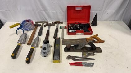 Mixed Hand Tool Lot: Stanley Plane & Surform, Disston Saw, Estwing Hammer, Millers Falls Solder Gun