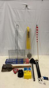 Mixed Lot: Tasco 8x21 Binoculars, Grill Basket, Rome Pie Iron, Battery Charger, Shovel, Brushes
