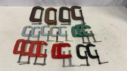 Lot of 20 C-Clamps Assorted Sizes, Mixed Brands, Heavy Duty, 3" and 8&ndash;10" Jaw Openings