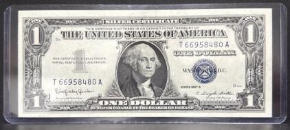 1957 B $1 Silver Certificate, Blue Seal, T66958480A, Washington, Granahan/Dillon Signatures