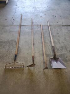 Lot of 4 Long-Handle Garden Tools: Bow Rake, Shovel, Hoe, Tamper - Wood/Steel