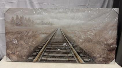 Large 3D Mixed Media Railroad Track Canvas Wall Art &ndash; 48"x24", Textured Realistic Landscape