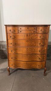 Antique Tiger Oak Serpentine Dresser, 9 Drawers, Cabriole Legs, Brass Hardware, Locking Drawers