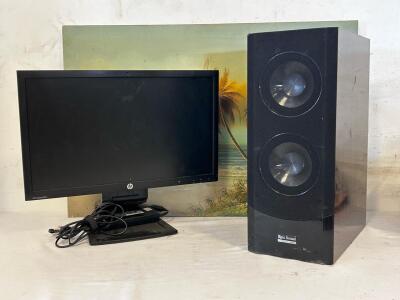 HP 24" LCD Monitor With Power Adapter, Epic Sound Floor Standing Speaker, 36x24" Beach Painting