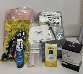 Large Mixed Lot: Olay Moisturizer, Jason Biotin Shampoo, Pink Travel Backpack, Beanies, Gloves, Antifungal Cream