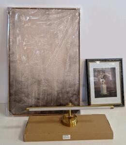 (1) 23.6-in Brushed Gold Modern/Contemporary LED Wall Light, (1) Framed Abstract Wall Art Print, 24" x 36" & (1) Framed Floral Wall Art Print 12" x 16"