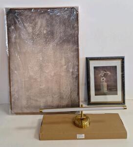 (1) 23.6-in Brushed Gold Modern/Contemporary LED Wall Light, (1) Framed Abstract Wall Art Print, 24" x 36" & (1) Framed Floral Wall Art Print 12" x 16"