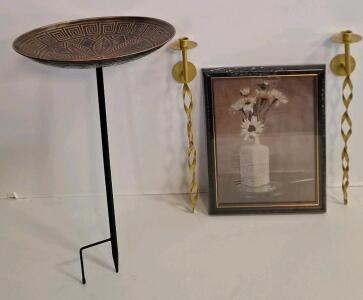 (1) 15" Metal Bird Bath, Vintage Copper Finish, (1) Glamativity Large 2 Pcs Gold Metal Wall Candle Holder Set, 22.5" x 2.4" & (1) Framed Retro Wall Art Print, 12" x 16"
