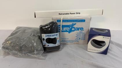 Mixed Lot &ndash; Mullow Lumbar & Fiogiko Neck Pillow, SureCare Nitrile Gloves, Power Strip, Plush Pillow