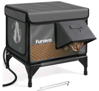 (1) Furventi - Indoor / Outdoor Elevated & Heated Insulated Cat House, Waterproof Eaves & Escape Door For Outside / Stray Barn Cat, Dark Grey