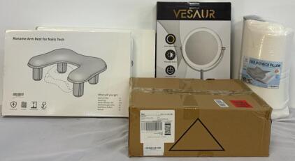 Vesaur Light Up Makeup Mirror, (2) Cushioned Nail Tech Arm Rest Sets, Salon Tray W/ Wheels & Cooling Neck Pillow