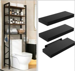 Adjustable Over-the-Toilet Storage Shelf with Black Steel Frame & Dark Wood Floating Shelves, 65"x24"